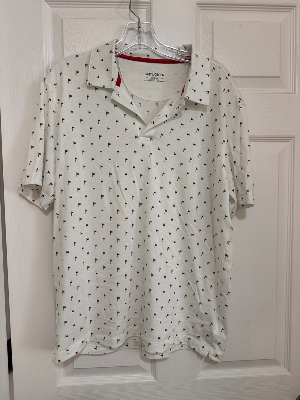 UNTUCKit White Polo with Red Micro Flag Print